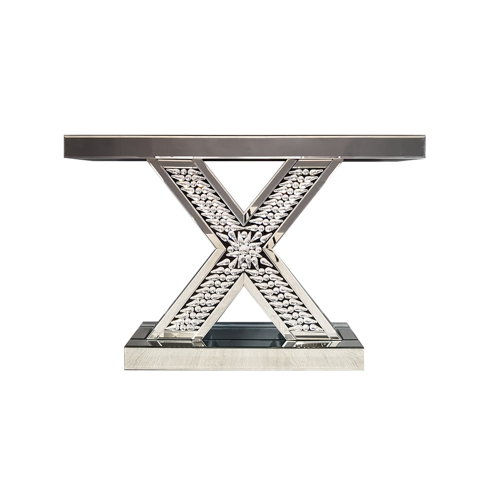 Moderne zilveren glazen consoletafel met X-vormig voetstuk Vensterafbeelding