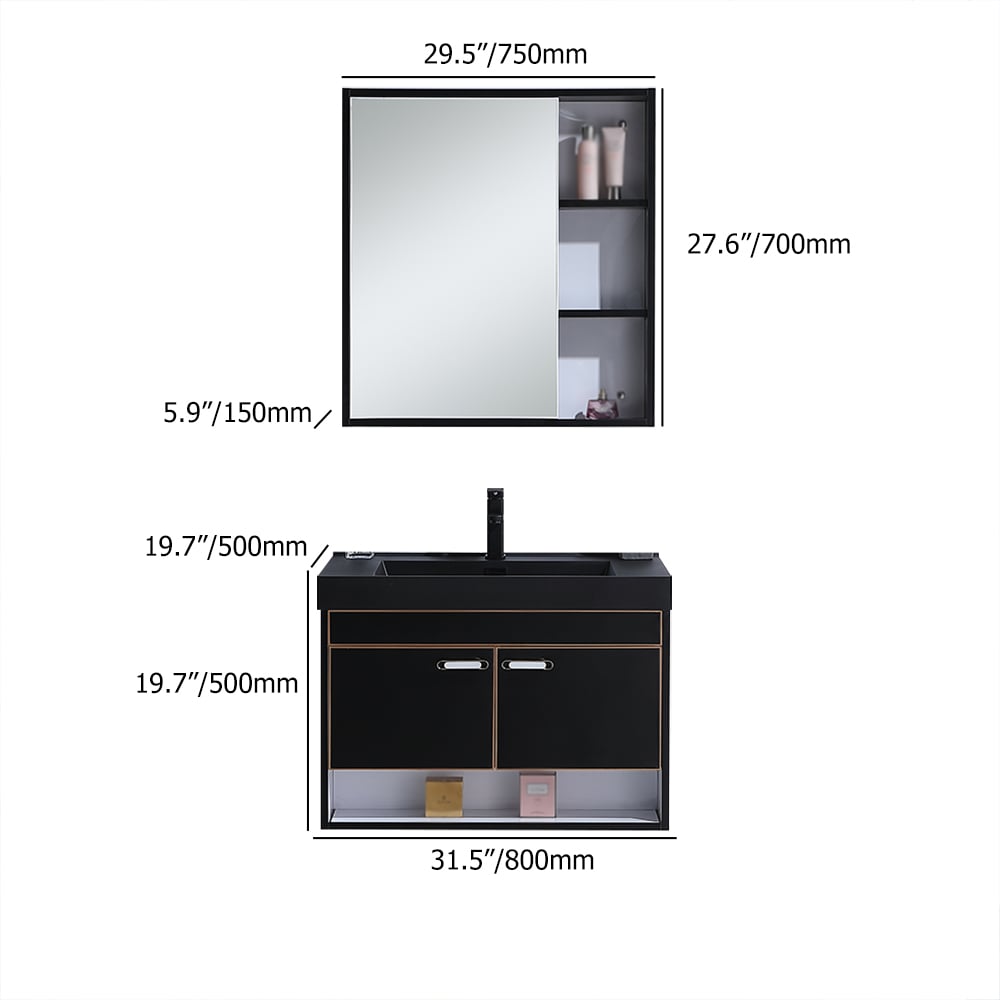 800mm Wall Mounted Black Bathroom Vanity Set Quartz Sink with Medicine Cabinet window image