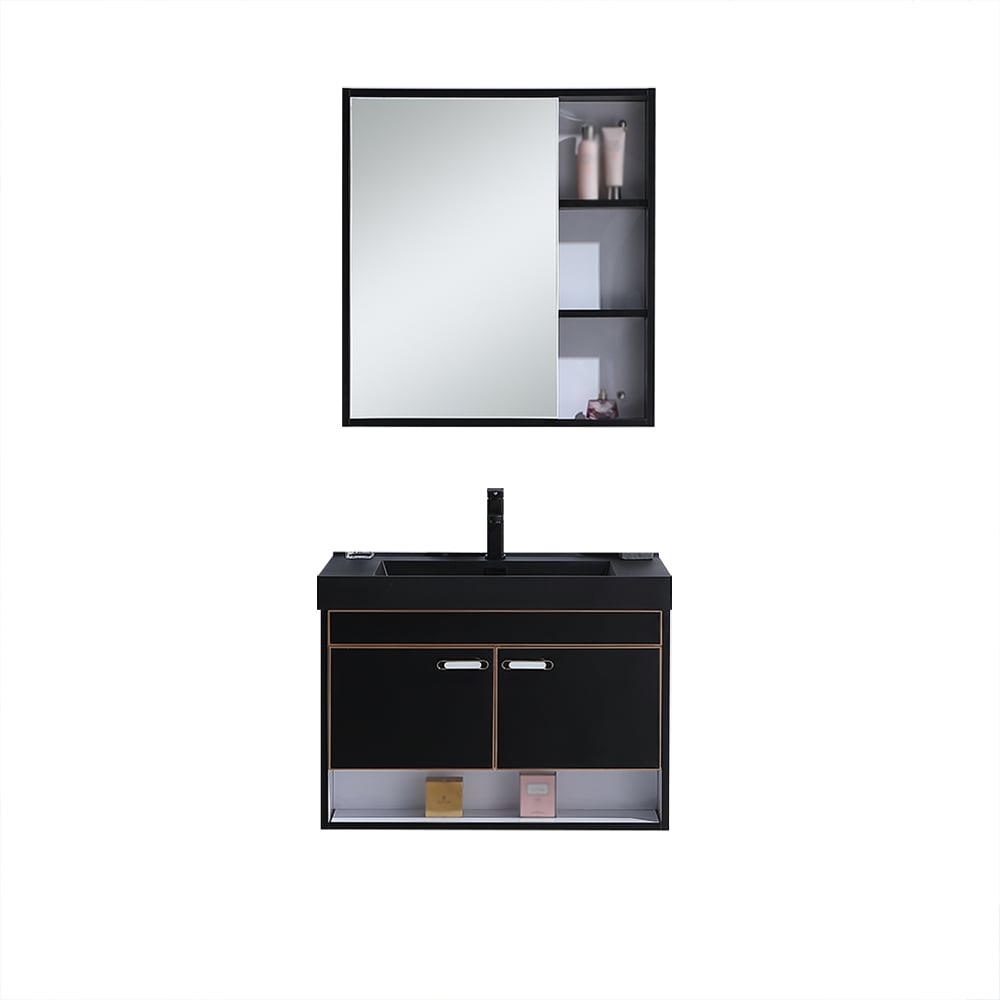 800mm Wall Mounted Black Bathroom Vanity Set Quartz Sink with Medicine Cabinet window image