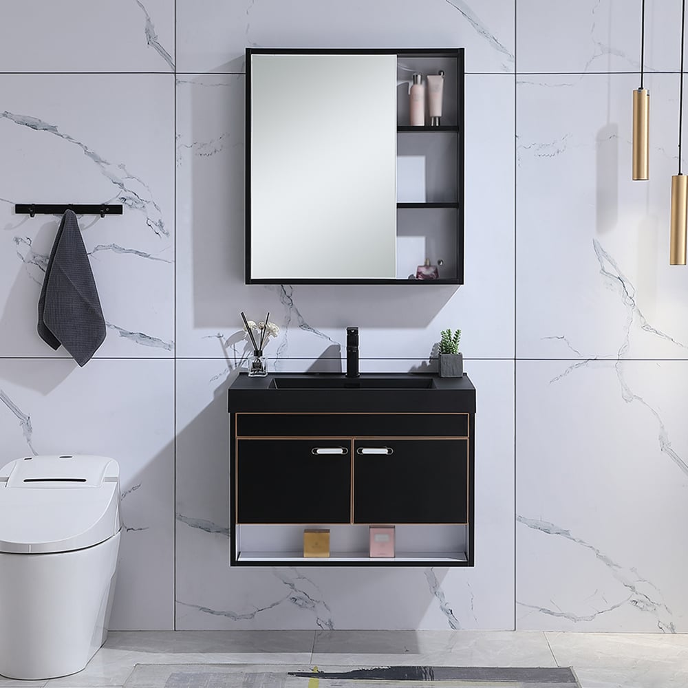 800mm Wall Mounted Black Bathroom Vanity Set Quartz Sink with Medicine Cabinet window image