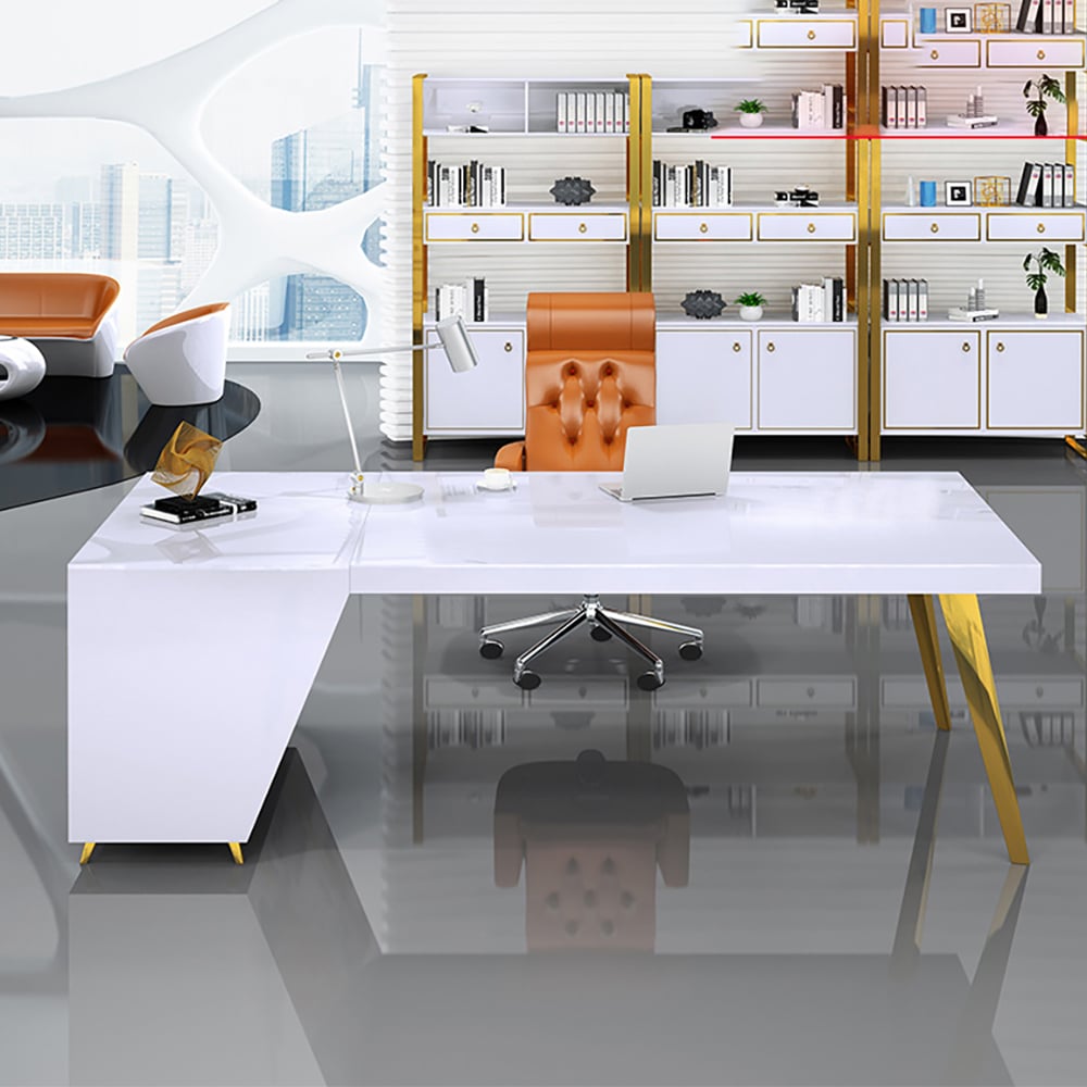 Bureau de bureau blanc minimaliste moderne de forme rectangulaire avec 3 tiroirs à droite image de fenêtre