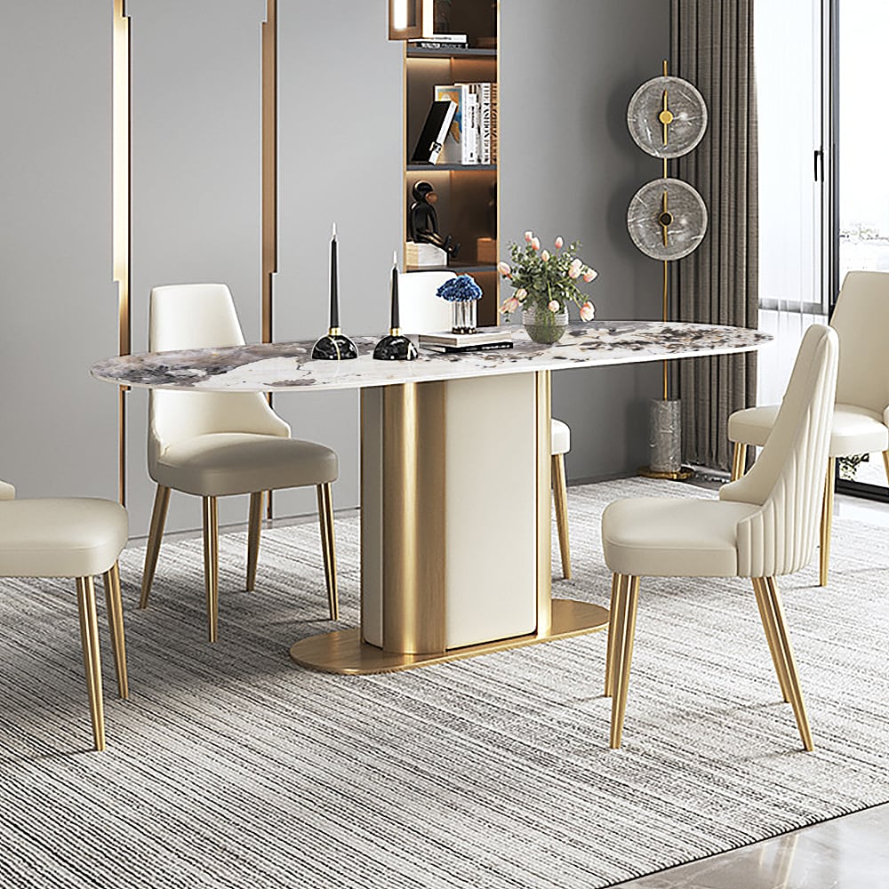 Table de salle à manger moderne ovale de 79 po avec dessus en pierre frittée avec piédestal en acier inoxydable image de fenêtre