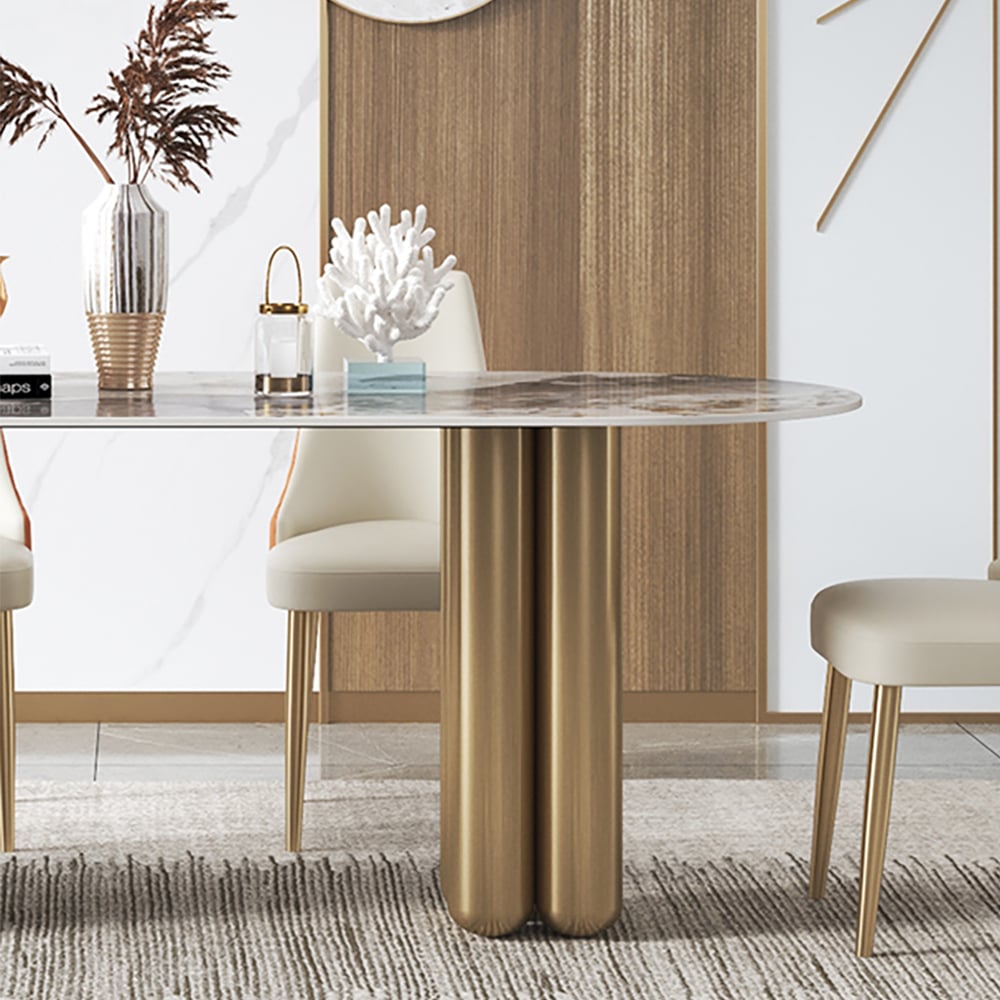 71" Modern Oval Dining Table with Sintered Stone Top & Double Pedestal window image