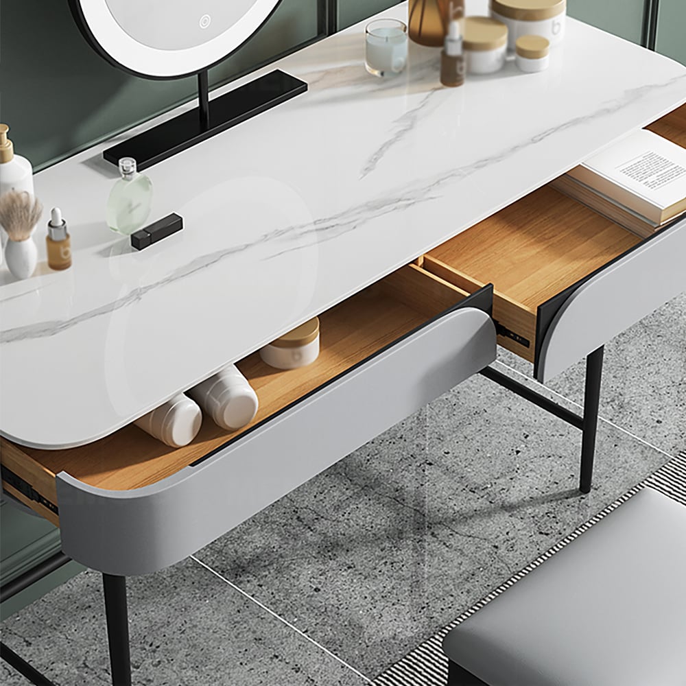 Modern Gray Sintered Stone Top Makeup Vanity with Pinewood Drawers window image