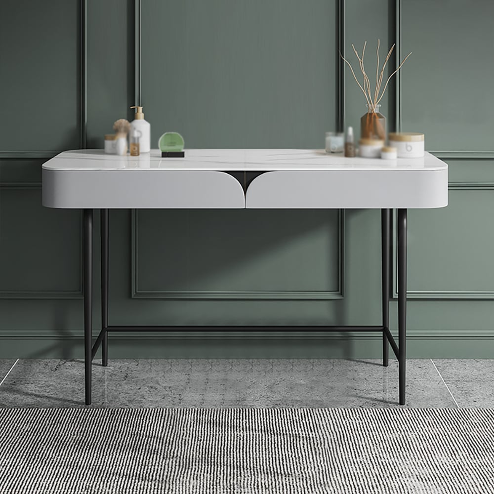 Modern Gray Sintered Stone Top Makeup Vanity with Pinewood Drawers window image
