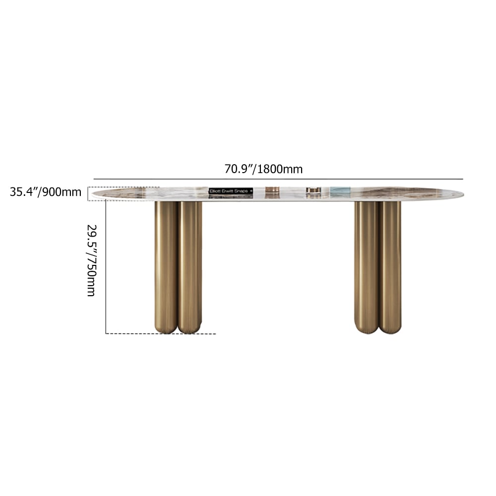 71" Modern Oval Dining Table with Sintered Stone Top & Double Pedestal window image