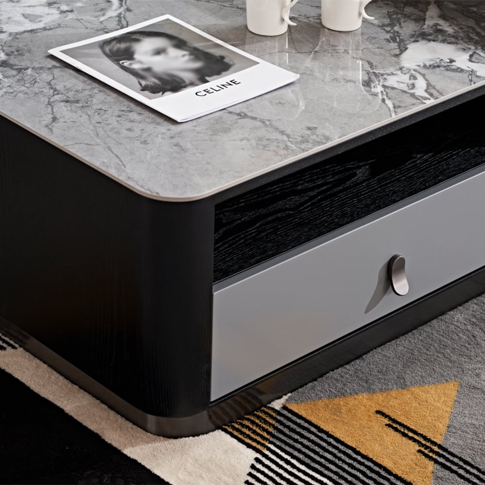 2 Pieces Modern Sintered Stone Square Nesting Coffee Table in Black & Gray with Drawer window image
