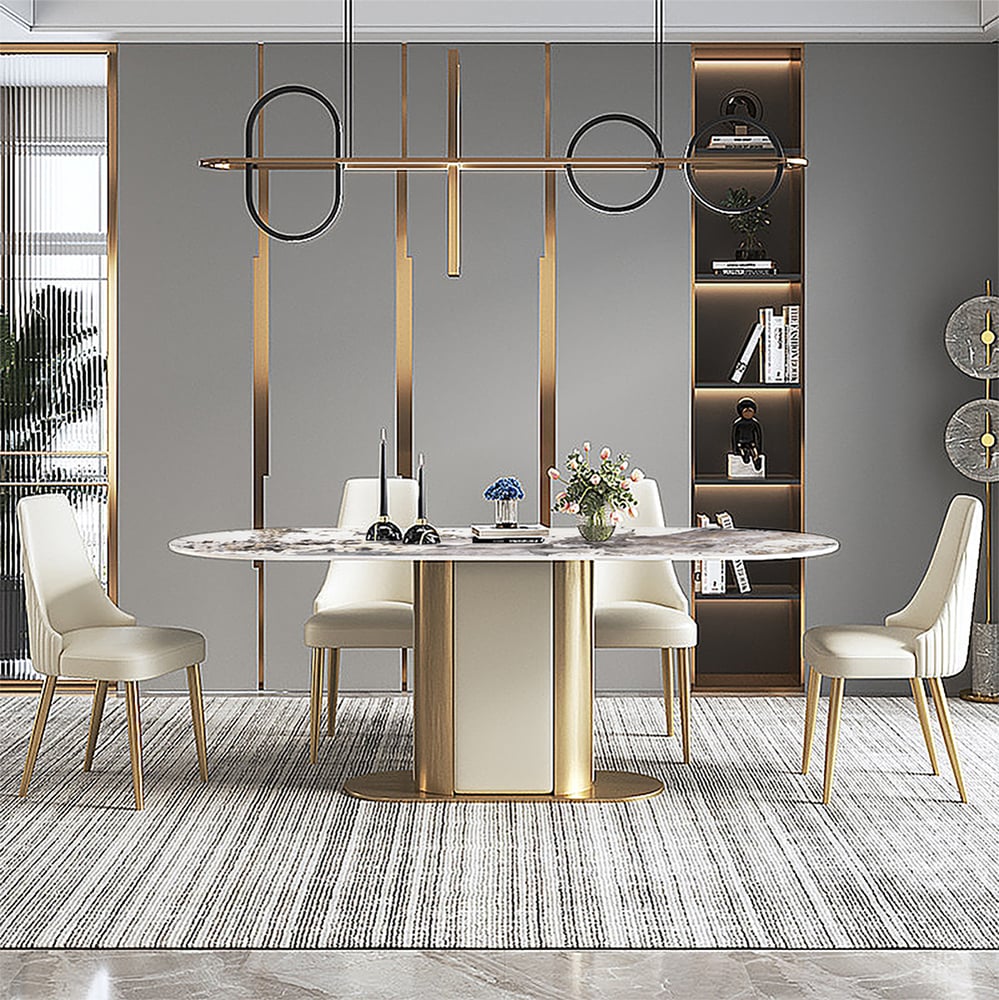 Table de salle à manger moderne ovale de 79 po avec dessus en pierre frittée avec piédestal en acier inoxydable image de fenêtre