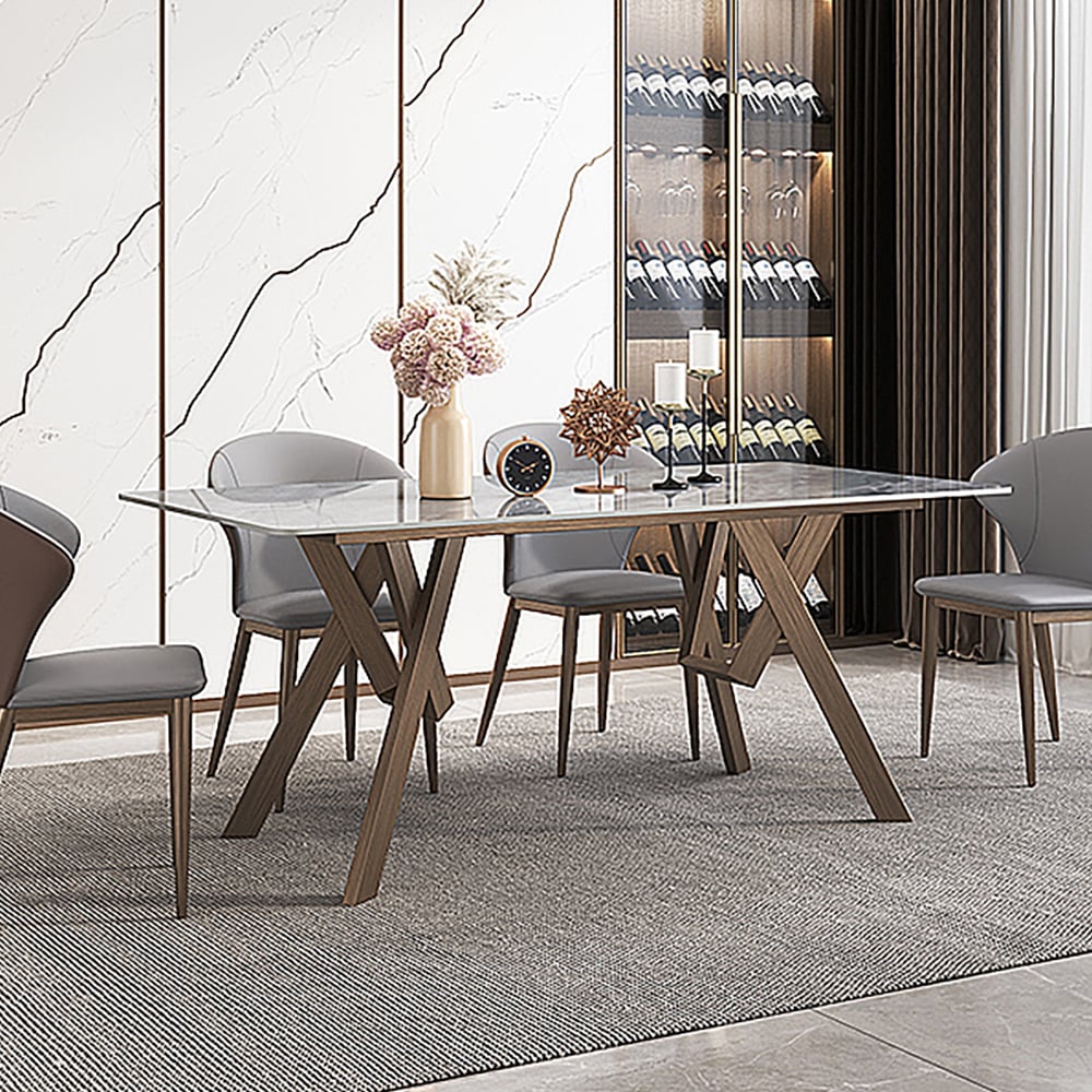 79" Gray & Gold Rectangle Sintered Stone Top Dining Table with Double Pedestal window image