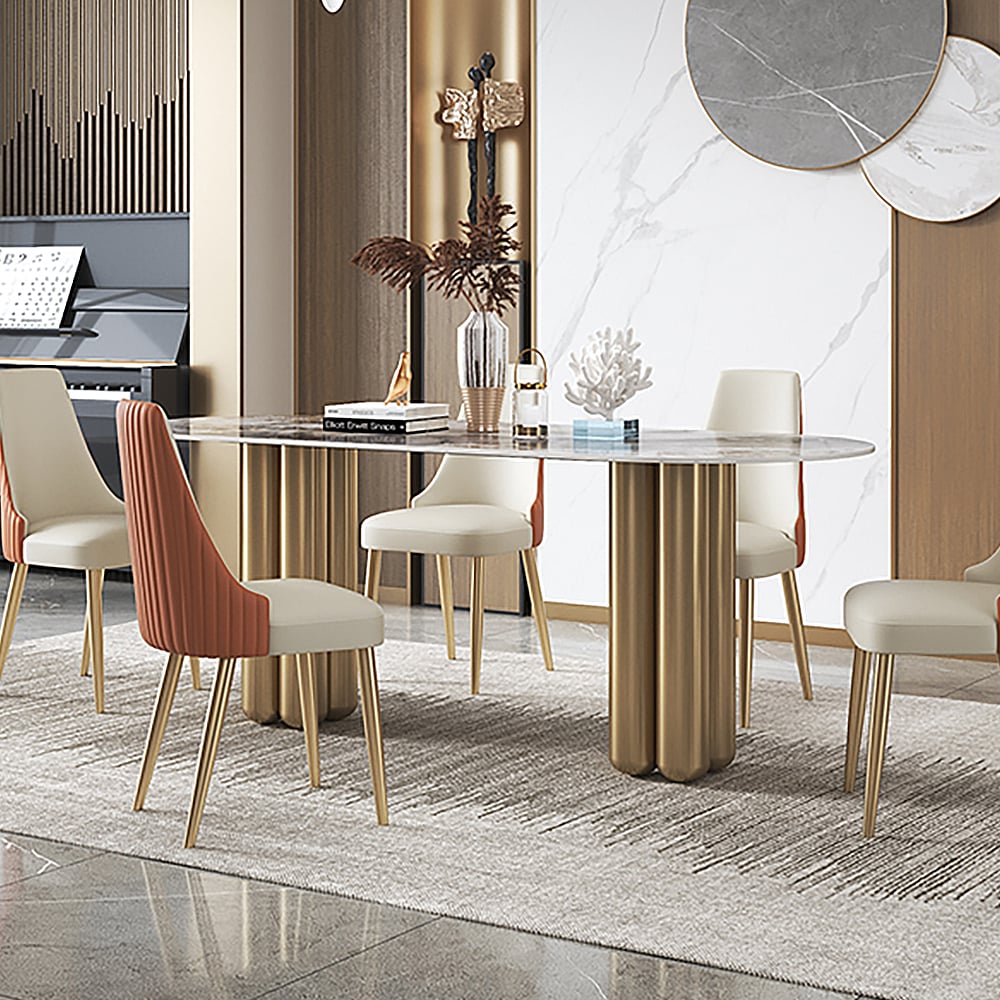 71" Modern Oval Dining Table with Sintered Stone Top & Double Pedestal window image