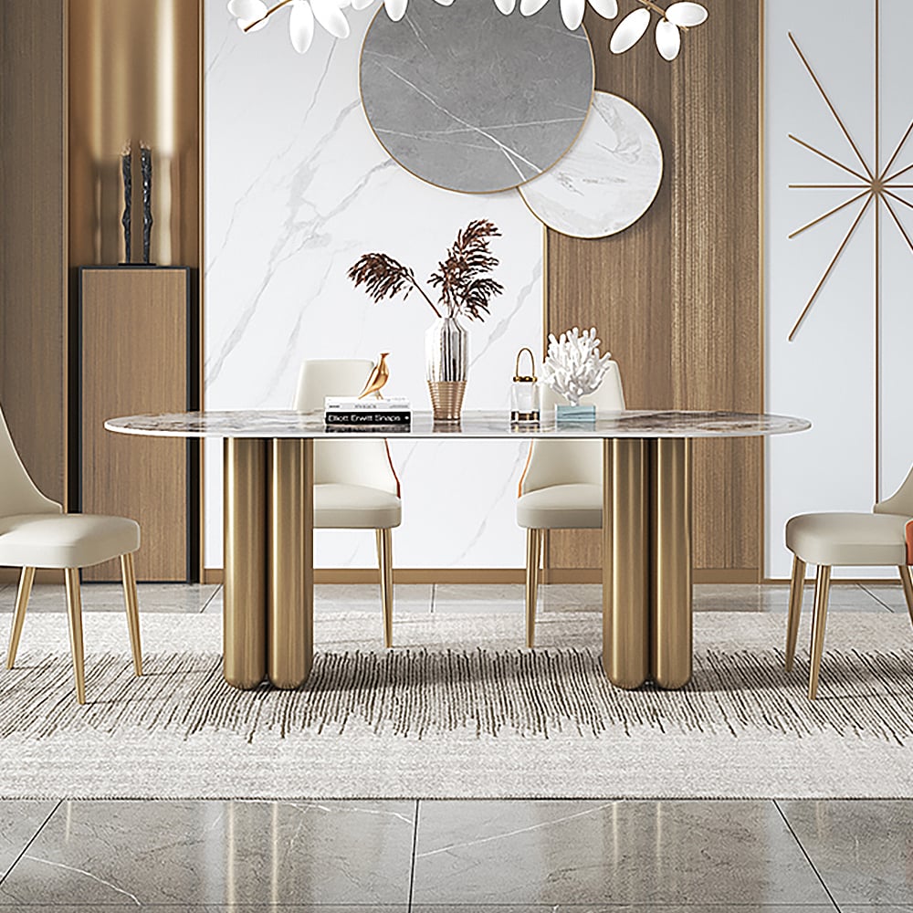 71" Modern Oval Dining Table with Sintered Stone Top & Double Pedestal window image