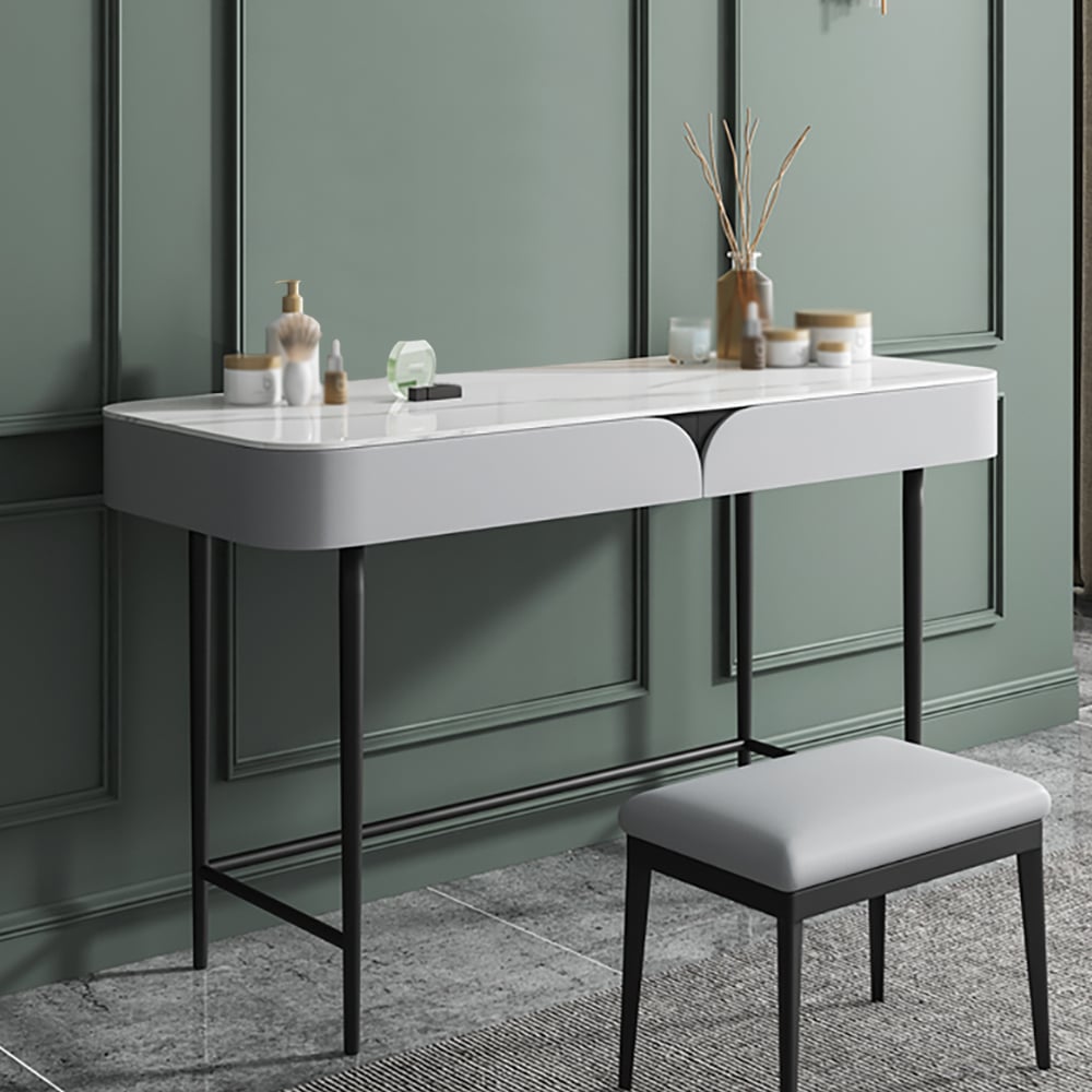 Modern Gray Sintered Stone Top Makeup Vanity with Pinewood Drawers window image