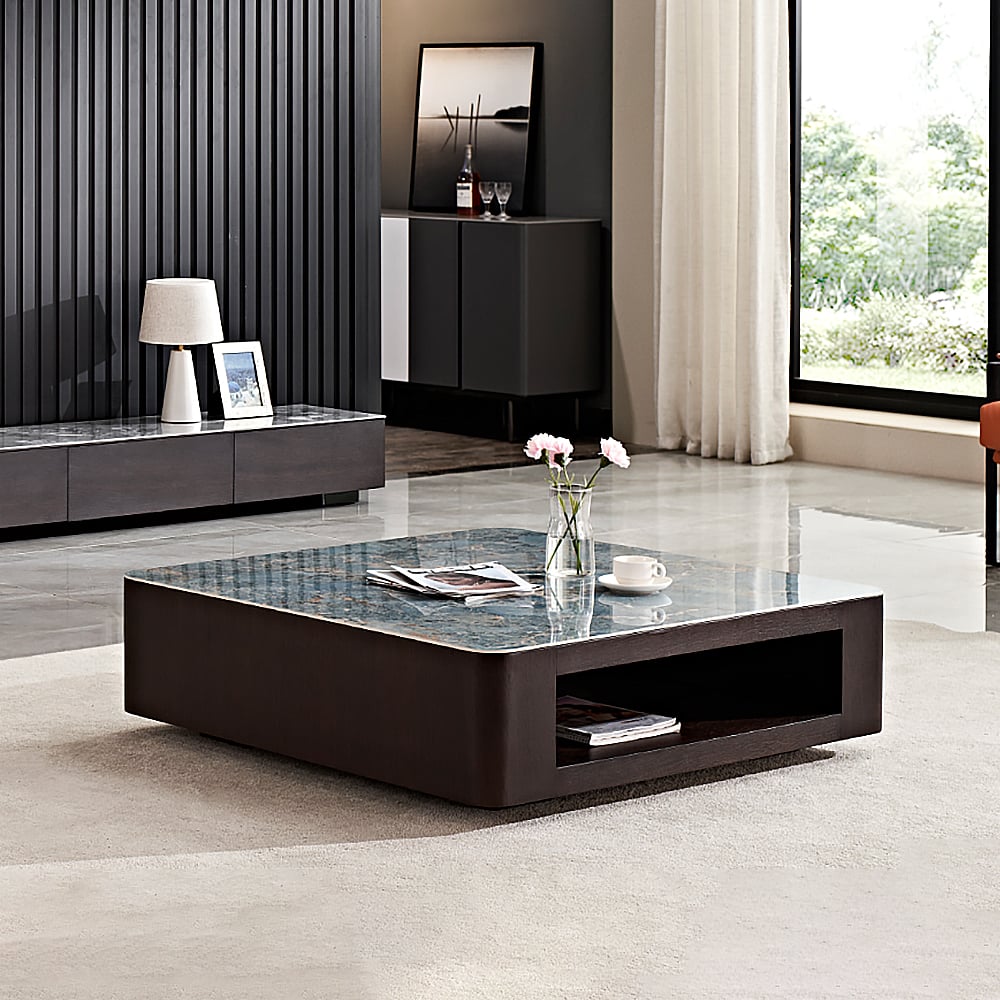 Contemporary Square Sintered Stone Top Coffee Table with Shelf in Blue & Brown window image