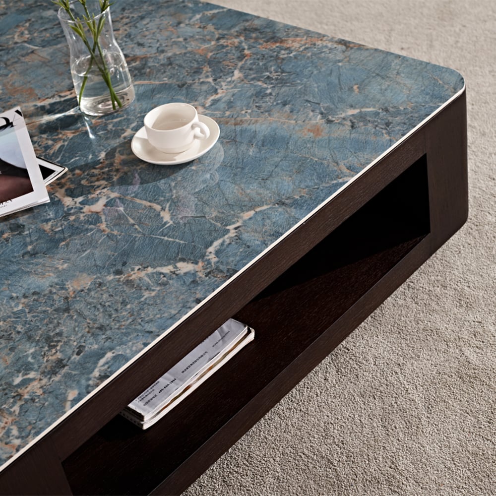 Contemporary Square Sintered Stone Top Coffee Table with Shelf in Blue & Brown window image
