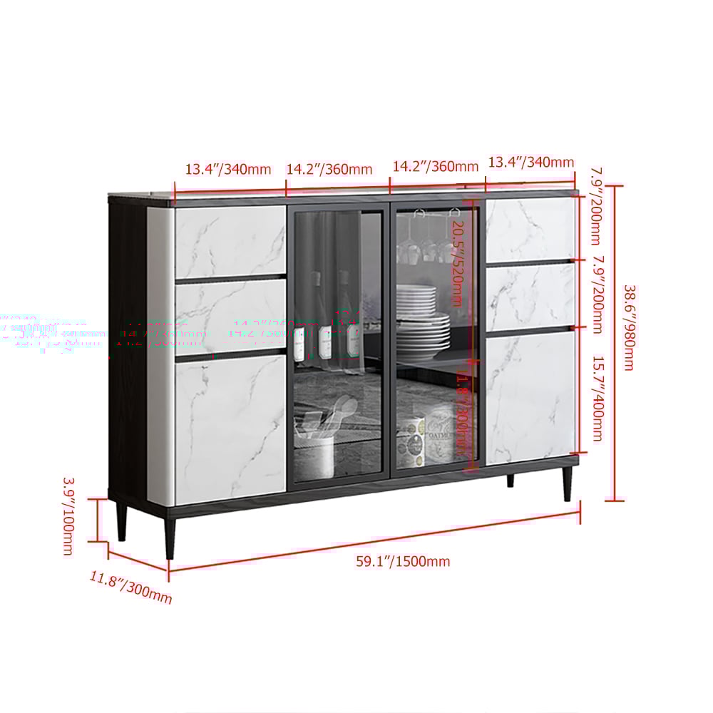 Buffet contemporain noir et blanc de 1500 mm avec portes en verre trempé image de fenêtre