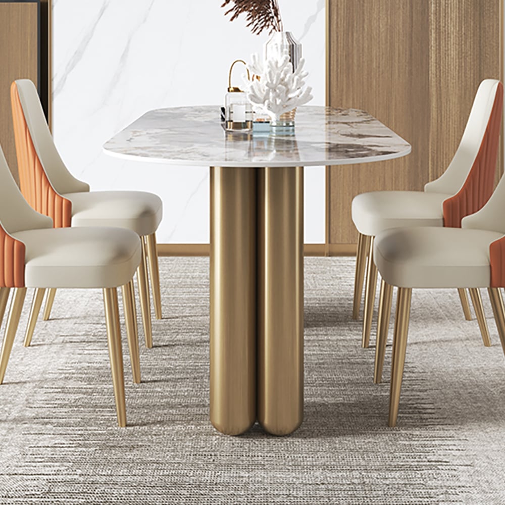 71" Modern Oval Dining Table with Sintered Stone Top & Double Pedestal window image