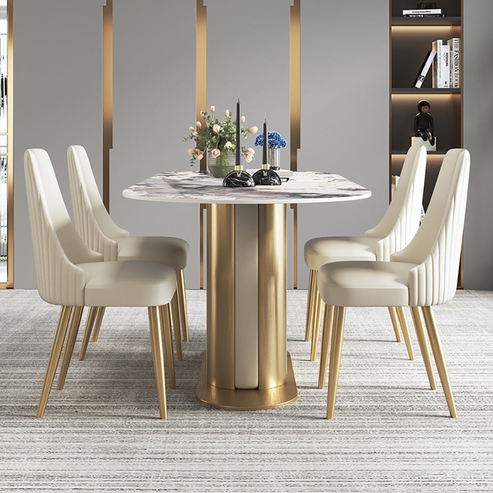 Table de salle à manger moderne ovale de 79 po avec dessus en pierre frittée avec piédestal en acier inoxydable image de fenêtre