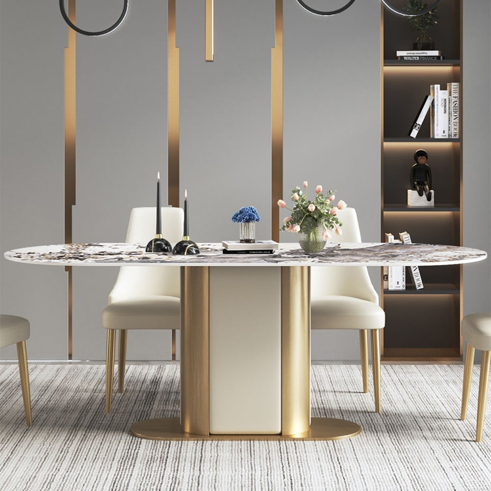 Table de salle à manger moderne ovale de 79 po avec dessus en pierre frittée avec piédestal en acier inoxydable image de fenêtre