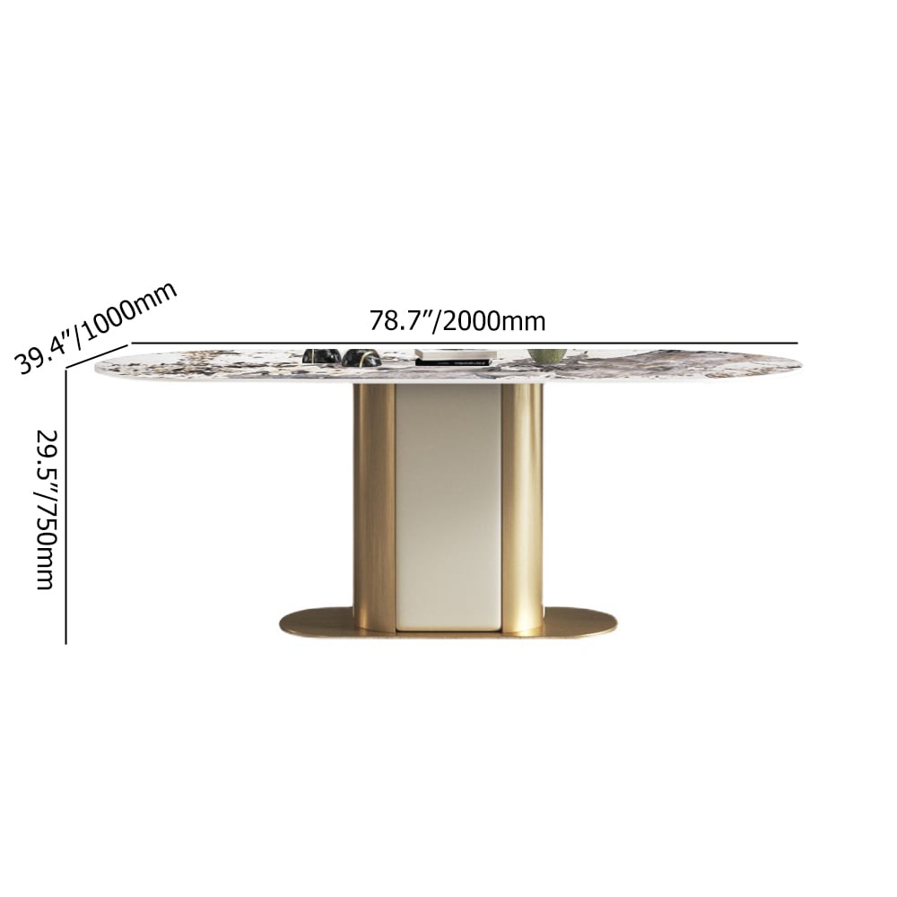 Table de salle à manger moderne ovale de 79 po avec dessus en pierre frittée avec piédestal en acier inoxydable image de fenêtre