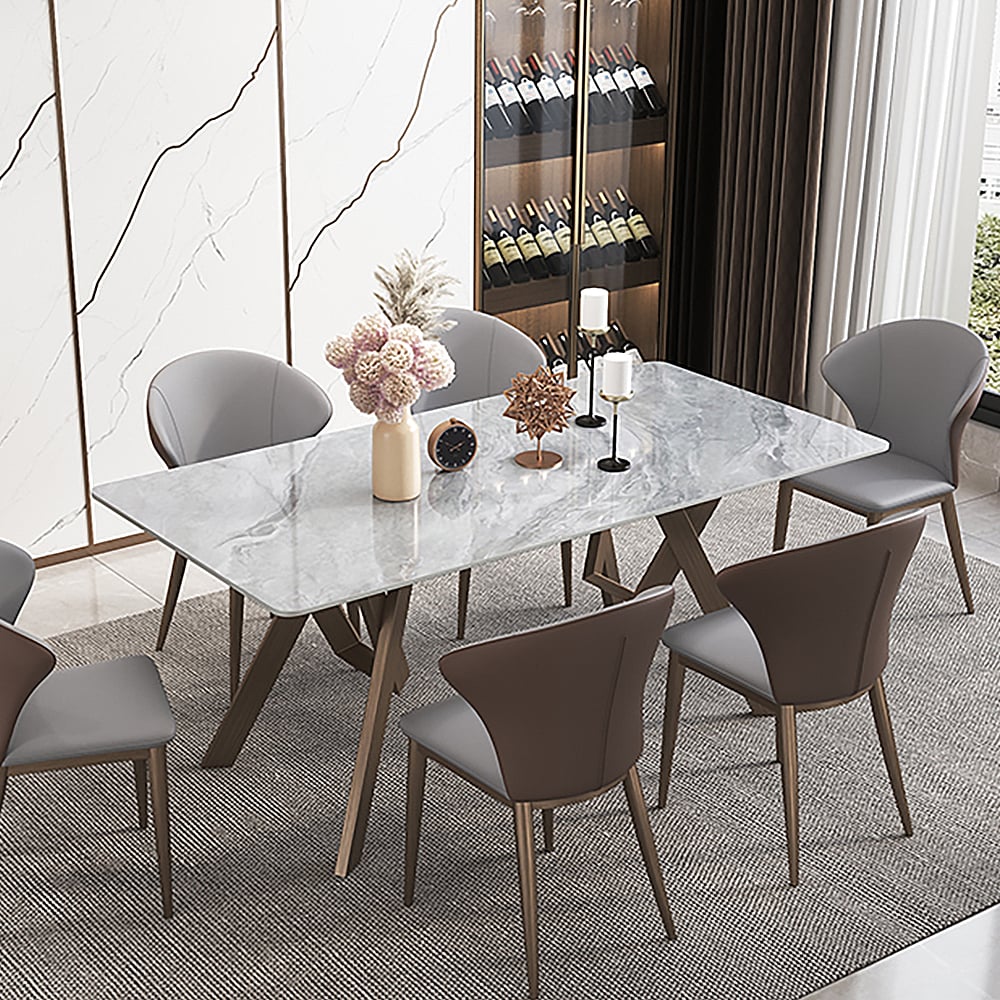 79" Gray & Gold Rectangle Sintered Stone Top Dining Table with Double Pedestal window image