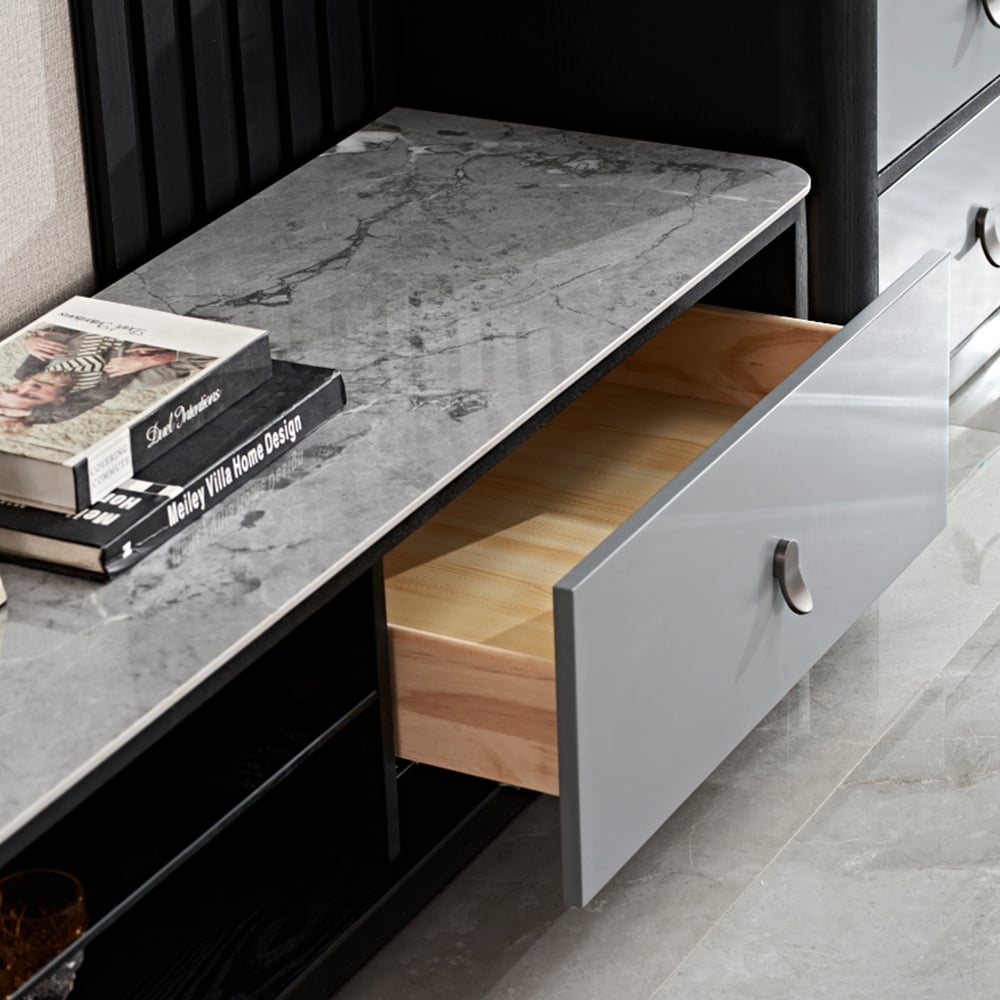 Meuble TV contemporain 3 pièces pour 85 pouces en noir et gris avec tiroirs image de fenêtre