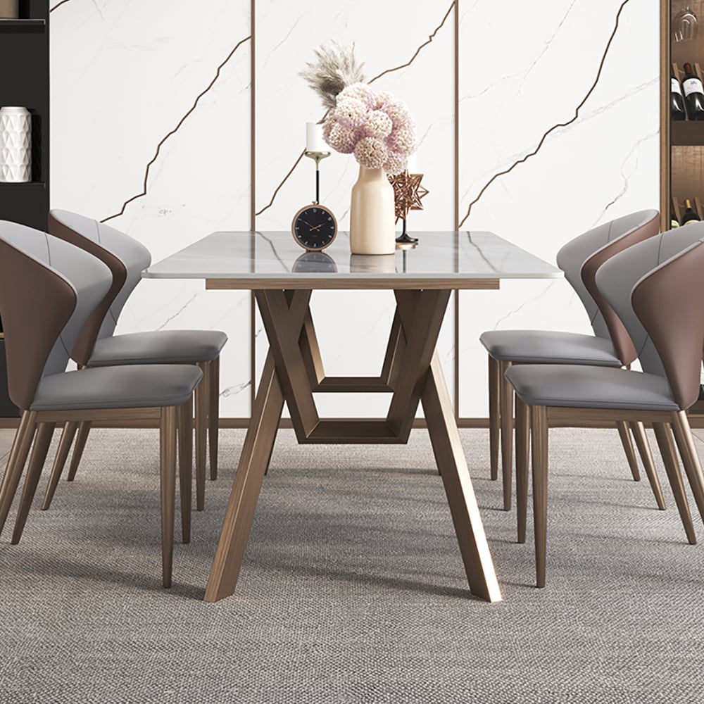 79" Gray & Gold Rectangle Sintered Stone Top Dining Table with Double Pedestal window image