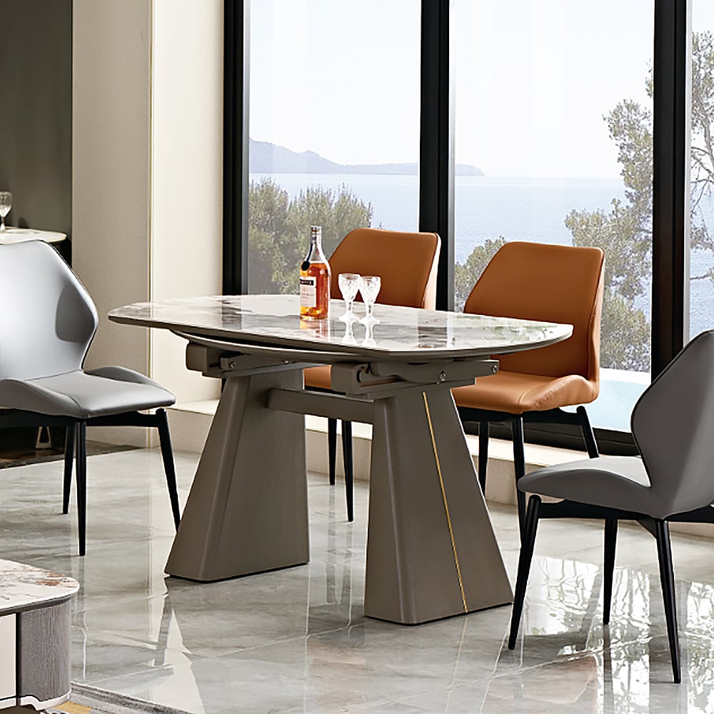 Modern Extendable Round Sintered Stone Top Dining Table with Double Pedestal window image