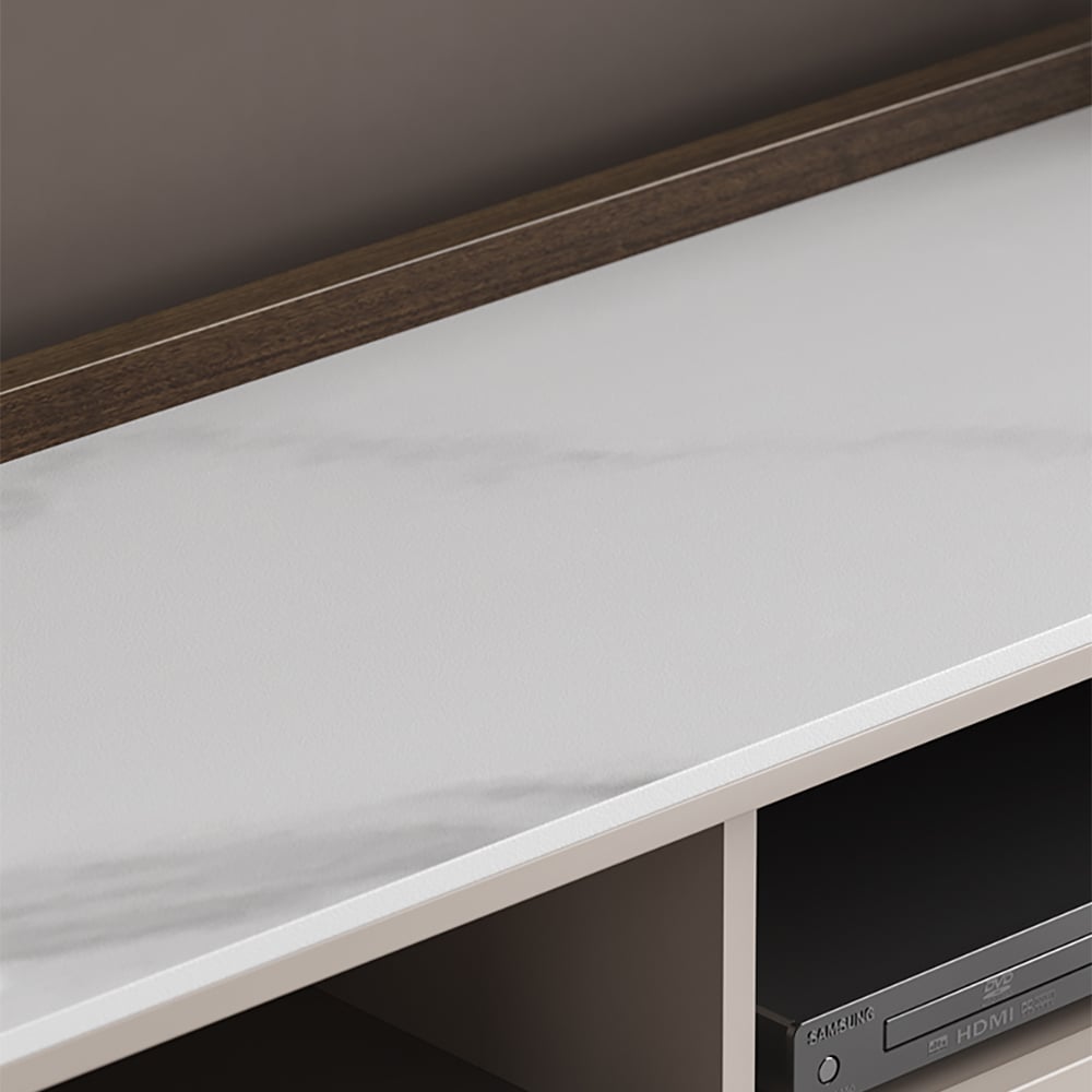 86.6" TV Stand with Sintered Stone Top & Cable Management in Off White & Walnut window image