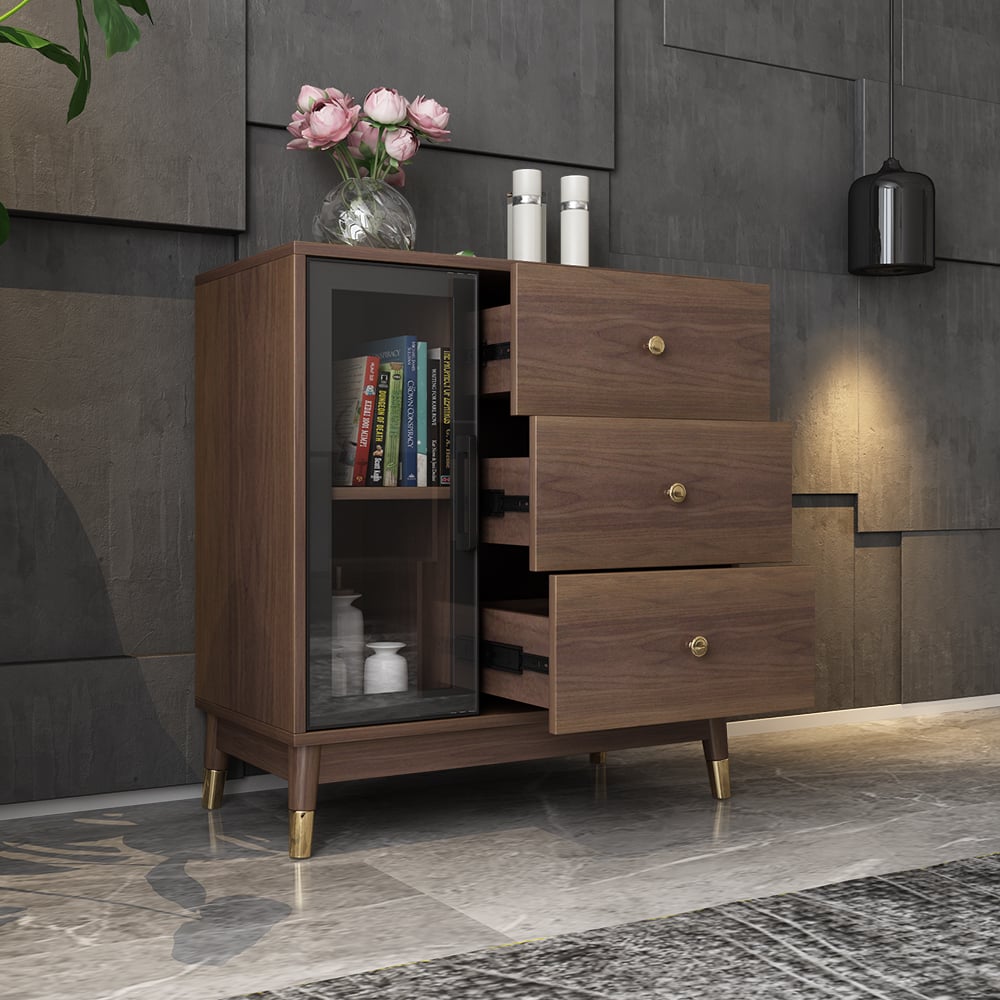 Modern Wooden Side Cabinet with Shelves & Drawers in Walnut window image