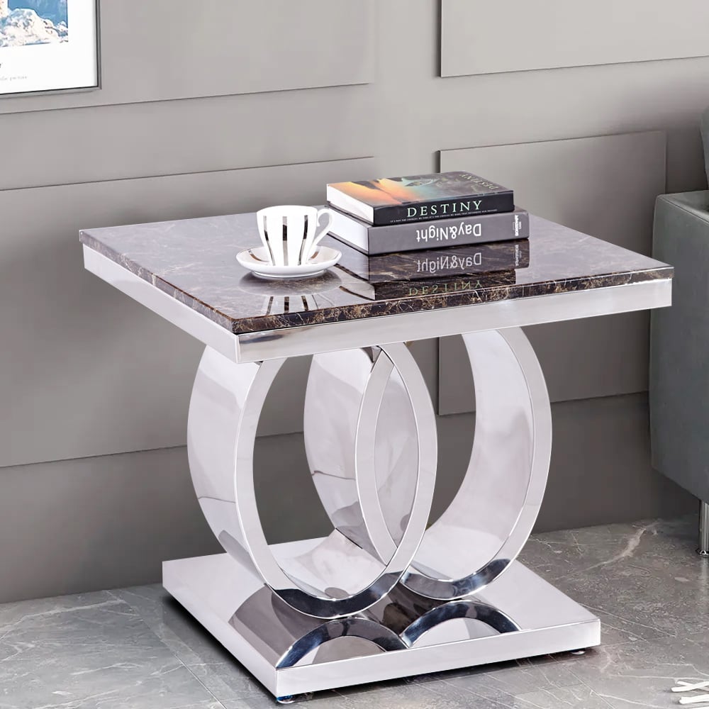 Square Side Table with Oval Stainless Steel Base & Faux Marble Top window image