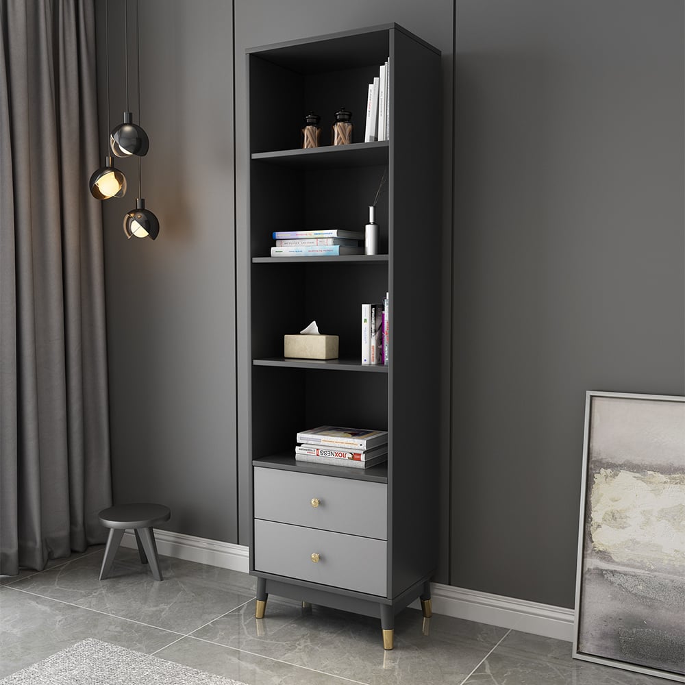 Modern & Minimalist Book Shelf with 4 Shelves & 2 Drawers in Grey window image