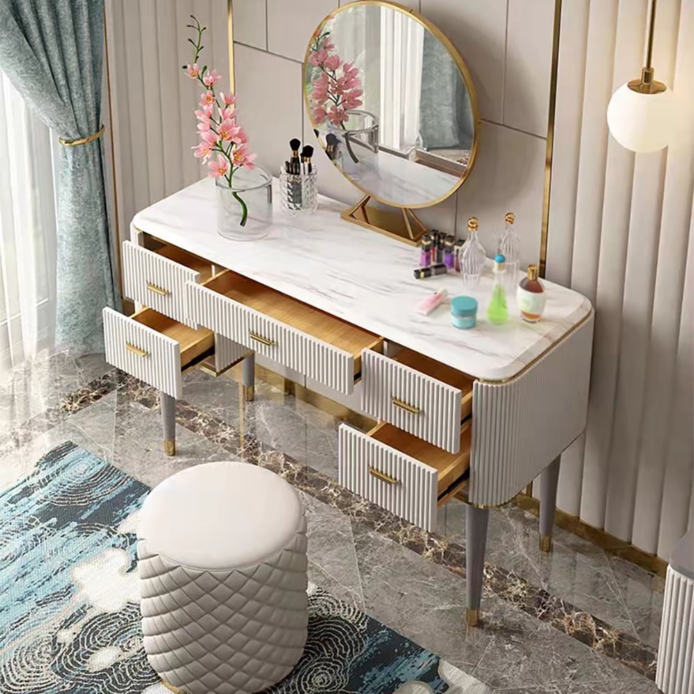 Modern Off White Makeup Vanity Set with Mirror & Stool window image