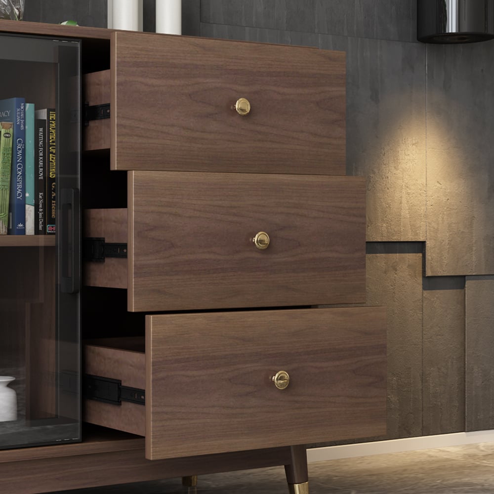 Modern Wooden Side Cabinet with Shelves & Drawers in Walnut window image