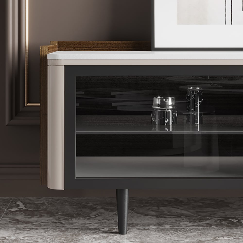 86.6" TV Stand with Sintered Stone Top & Cable Management in Off White & Walnut window image