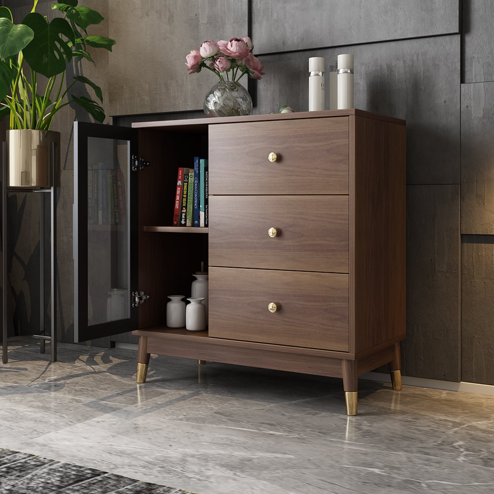 Modern Wooden Side Cabinet with Shelves & Drawers in Walnut window image