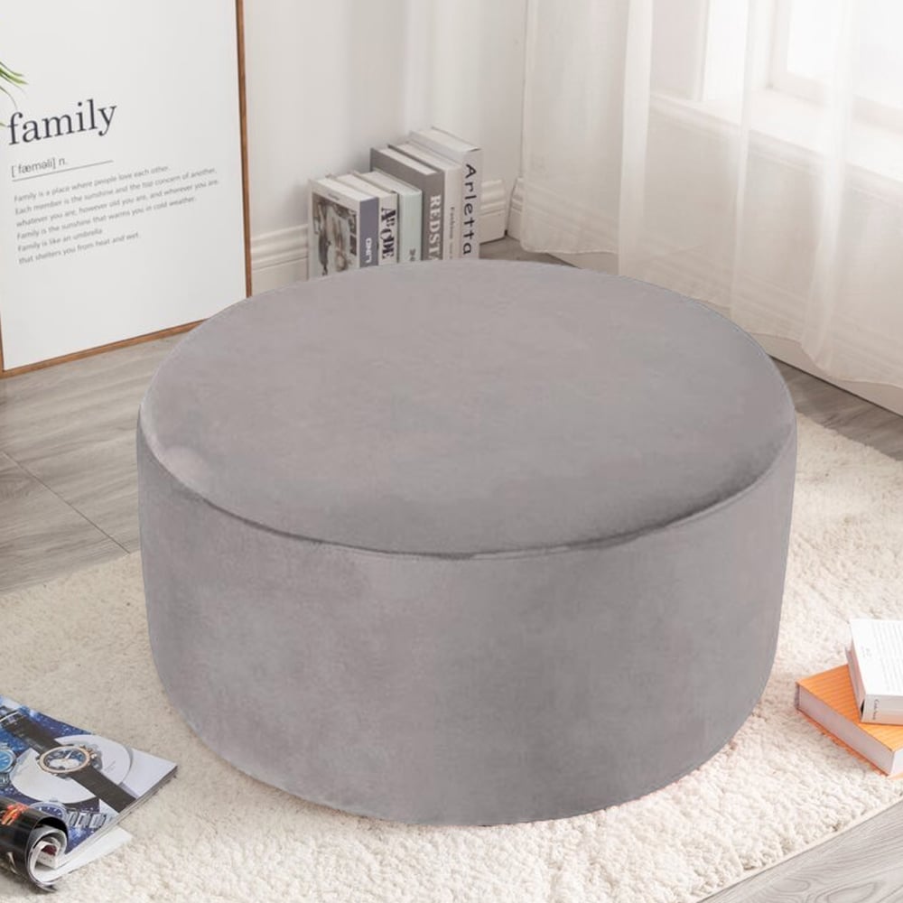 Modern Grey Velvet Round Ottoman in Solid Wood Frame window image