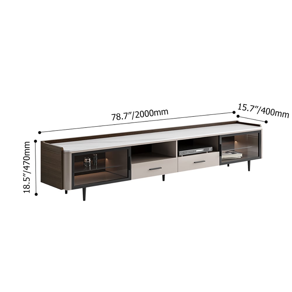 86.6" TV Stand with Sintered Stone Top & Cable Management in Off White & Walnut weights dimensions image