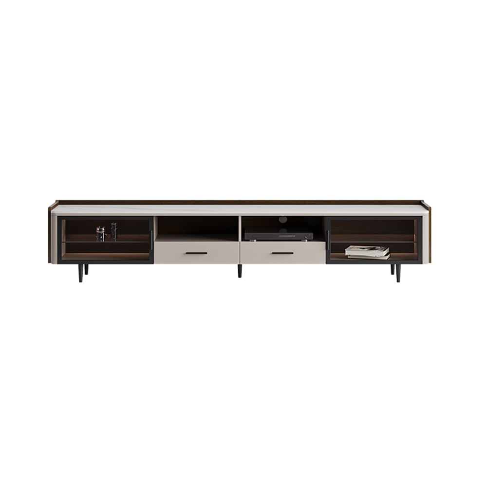 86.6" TV Stand with Sintered Stone Top & Cable Management in Off White & Walnut window image