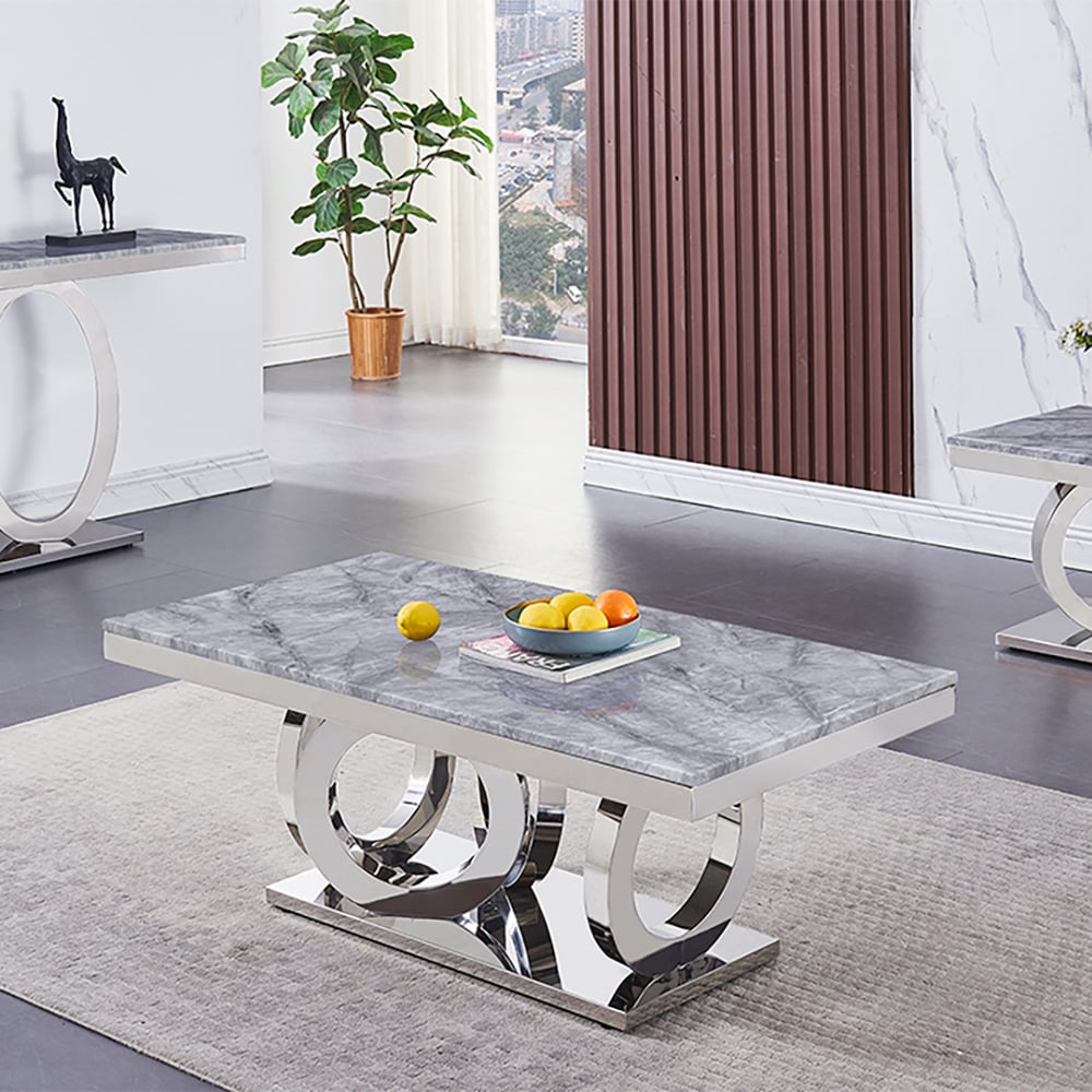 Moderní šedý obdélníkový konferenční stolek z umělého mramoru z nerezové oceli obrázek okna