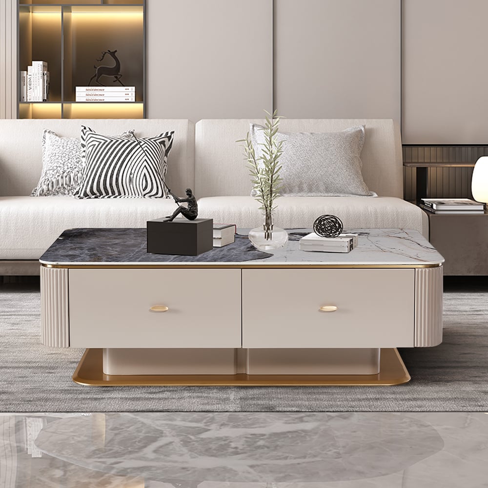 Contemporary Khaki Rectangular Sintered Stone Top Coffee Table with Golden Frame window image