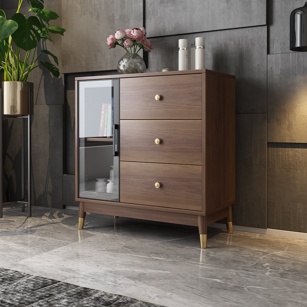 Modern Wooden Side Cabinet with Shelves & Drawers in Walnut window image