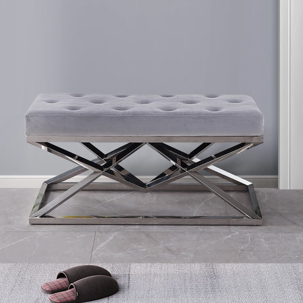 1100mm Grey Modern Velvet Upholstered Bench in Silver Base Entryway Bench window image