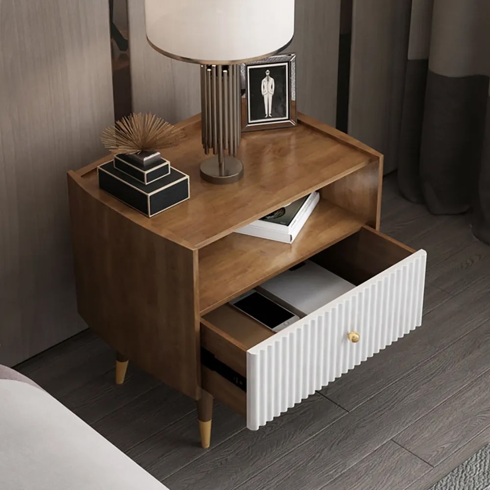 Contemporary Walnut Nightstand 1-Drawer Bedside Table in Gold window image