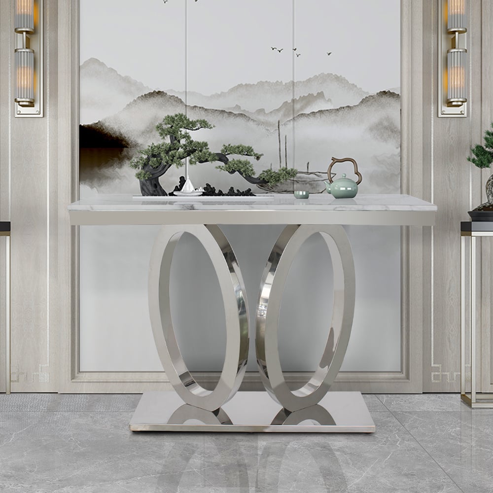 Rectangular Faux Marble Top Console Table Stainless Steel Round Base window image
