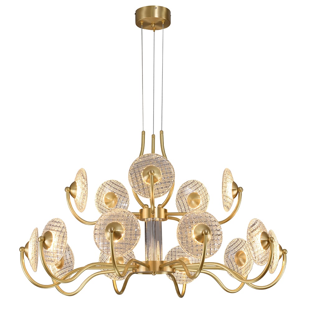 Moderne kroonluchter 15-licht hanglamp met helder glas gesneden kap in messing Vensterafbeelding