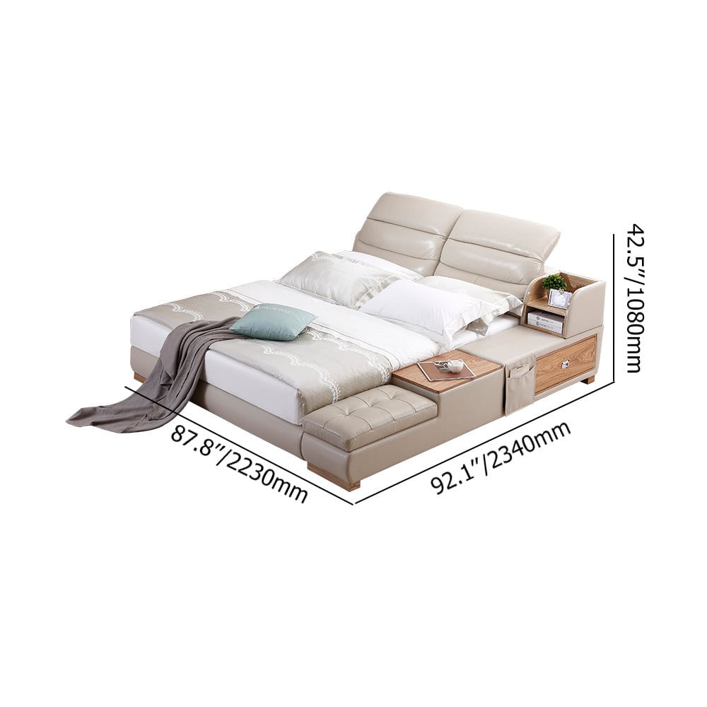 Lit plateforme en cuir beige rembourré avec lattes en bois avec rangement Poids, dimensions, image