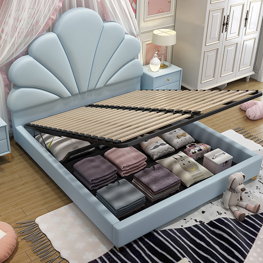 Platform Storage Bed Panel Bed with Upholstered Floral Headboard & Lift-Up Frame & Slats window image