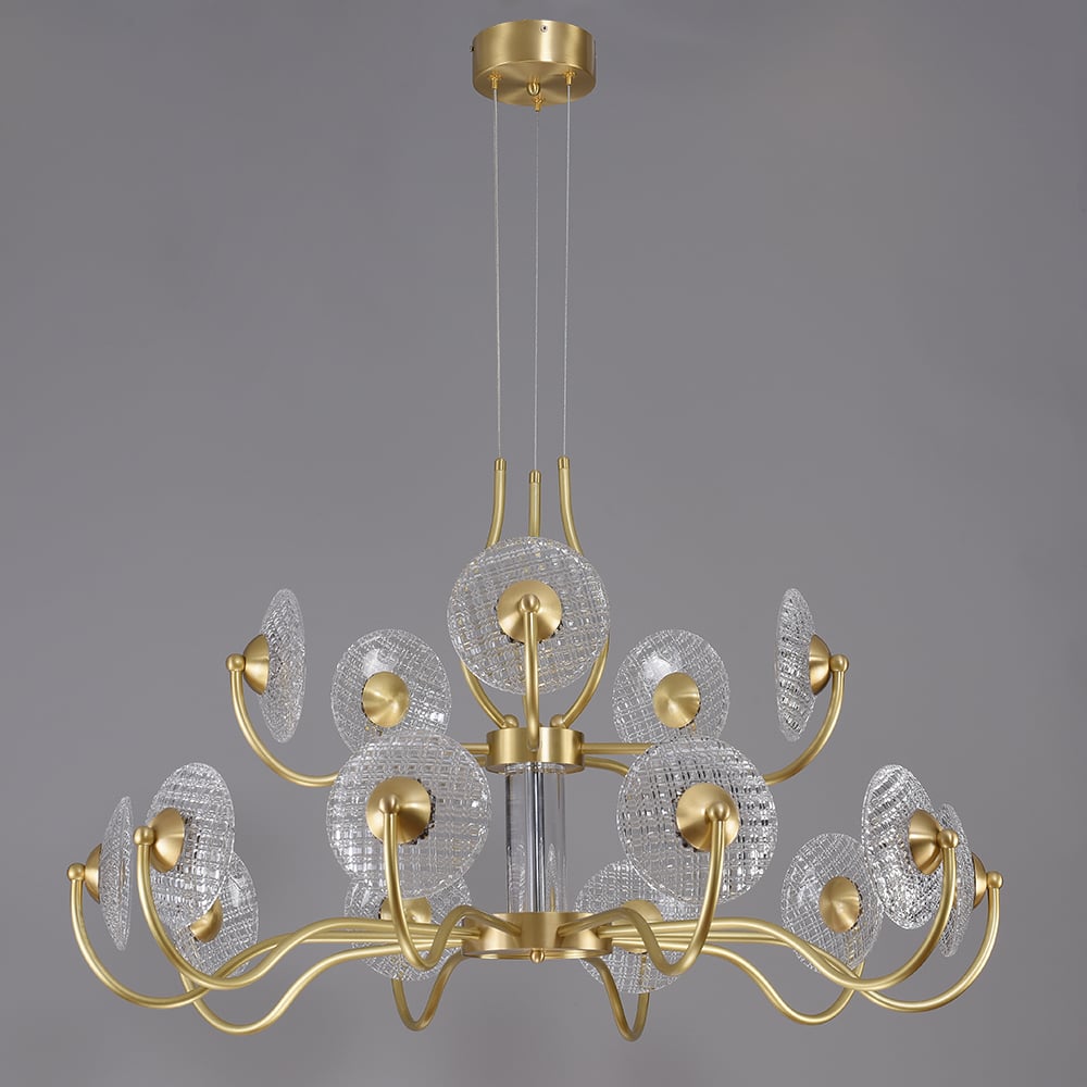 Moderne kroonluchter 15-licht hanglamp met helder glas gesneden kap in messing Vensterafbeelding