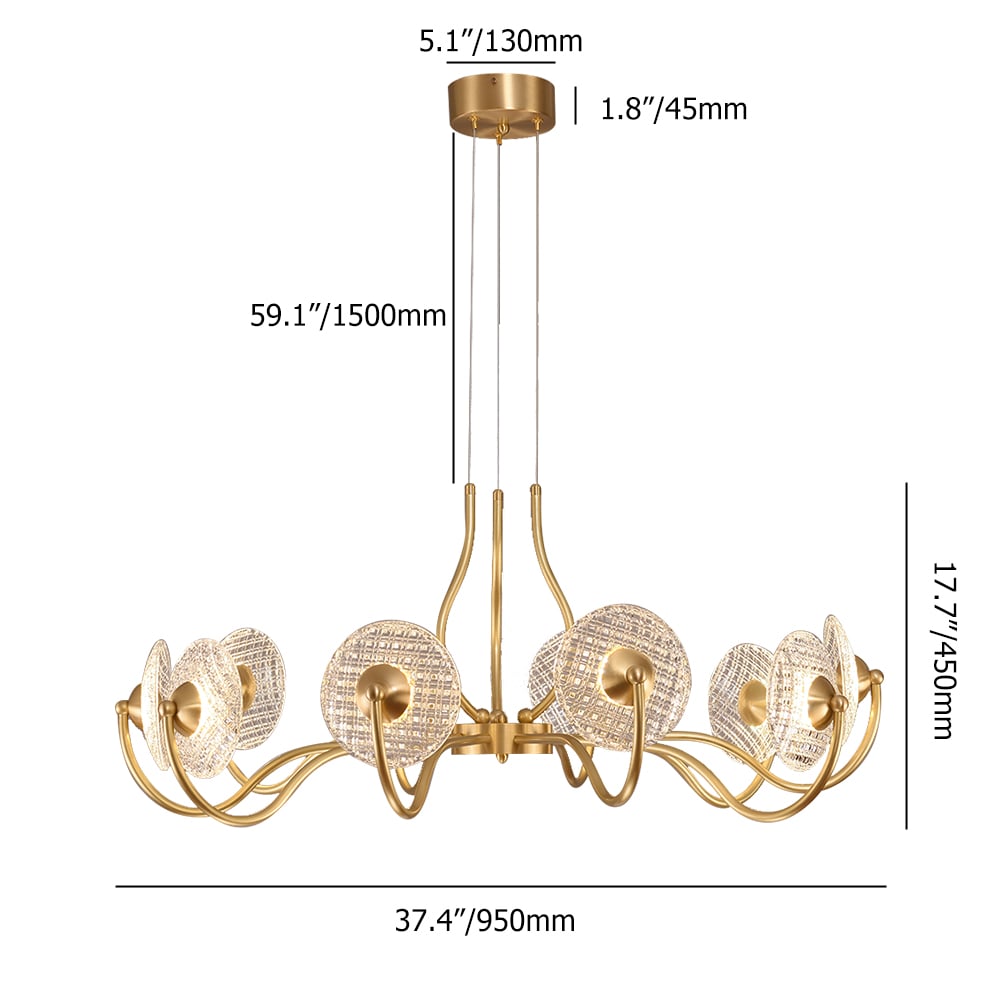 Moderne kroonluchter 15-licht hanglamp met helder glas gesneden kap in messing Afbeelding met gewichten en afmetingen