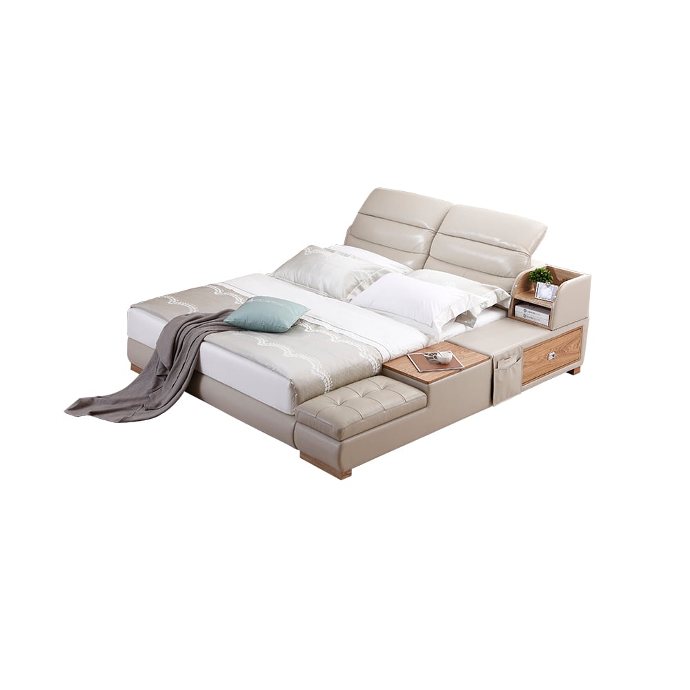 Lit plateforme en cuir beige rembourré avec lattes en bois avec rangement image de fenêtre